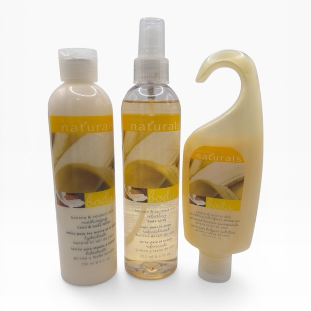 Avon Naturals Banana Coconut Milk Body Care Set Lotion Spray Shower Gel Trio NEW